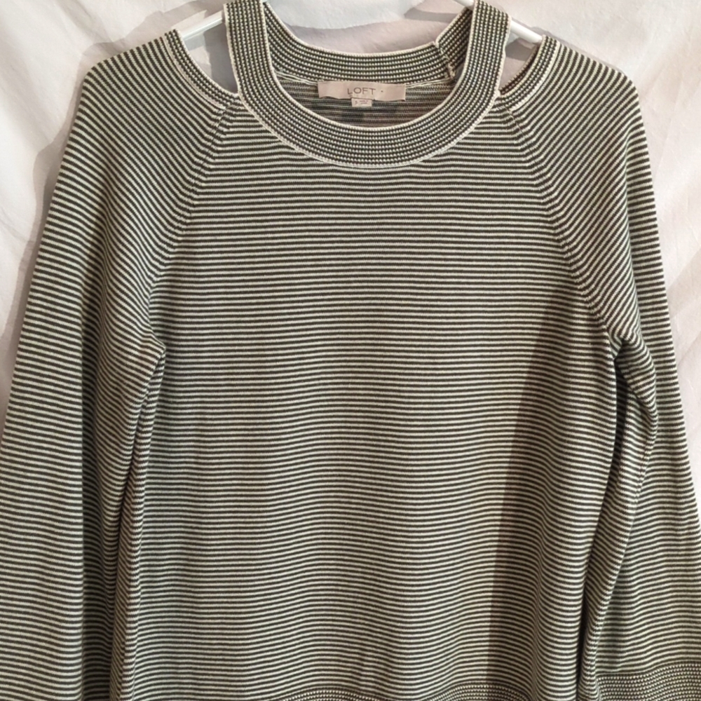 LOFT | Olive Ivory Stripe Cotton Long Sleeve Knit Top Open Neckline | S